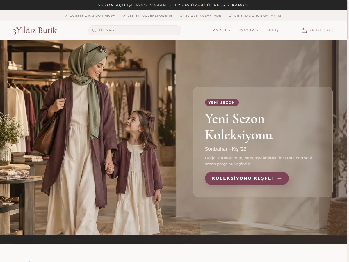 3Yıldız Butik için hazırlanan özel tasarım giyim sitesi ana sayfası