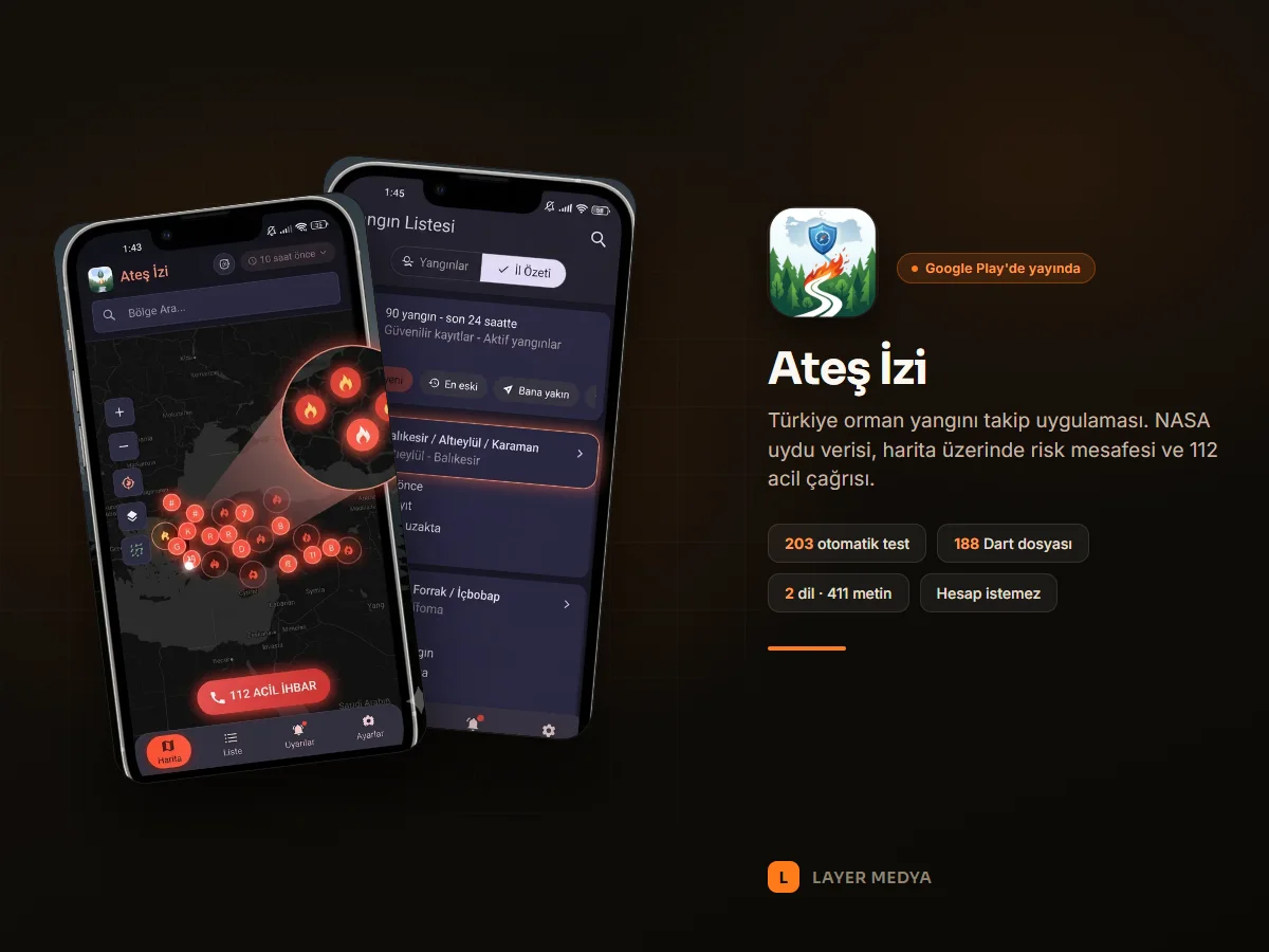 Ateş İzi uygulamasında yangın haritası ve yangın listesi ekranları