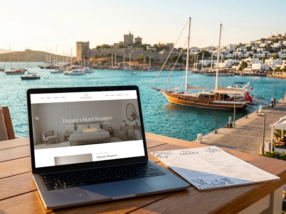 Bodrum marina kenarındaki otel terasında dizüstü bilgisayar ve tablette otel web sitesi tasarımı gösteren masa