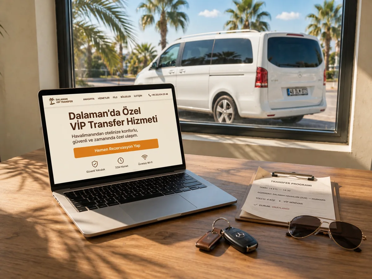 Dalaman'da bir transfer işletmesinin ofisinde dizüstü bilgisayarda işletme web sitesi; pencereden palmiyeler ve park hâlindeki VIP minibüs görünüyor
