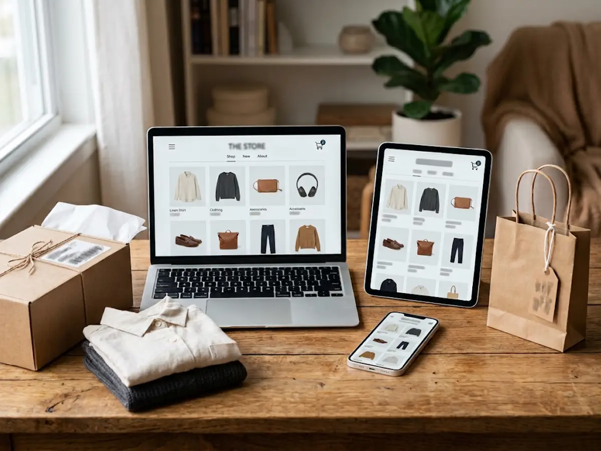 Dizüstü bilgisayar, tablet ve telefonda aynı e-ticaret mağazasının ürün kataloğu ve sepet ekranının gösterildiği masa düzeni