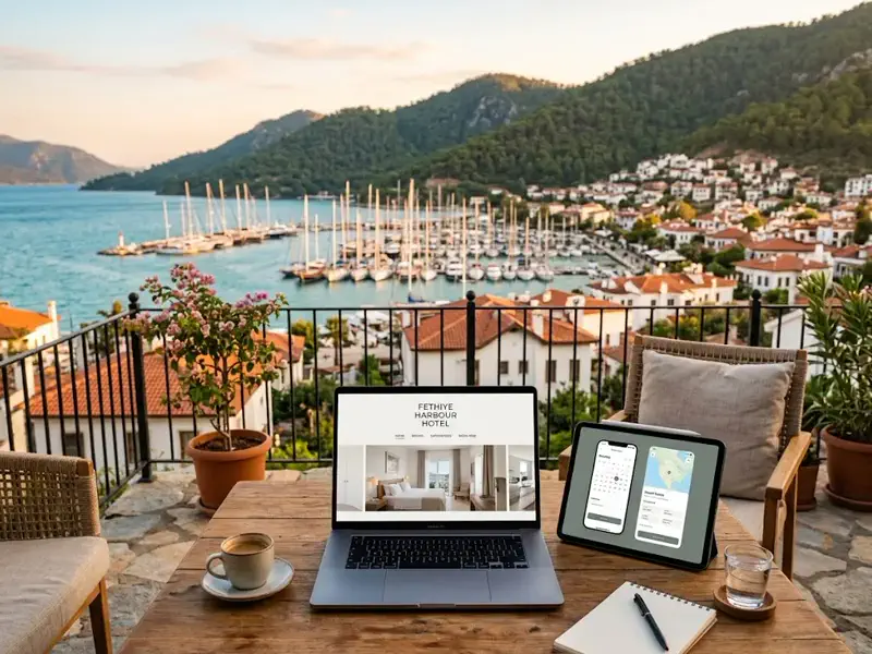 Fethiye limanı manzarası önünde dizüstü bilgisayar ve tablette otel web sitesi tasarımı gösteren masa