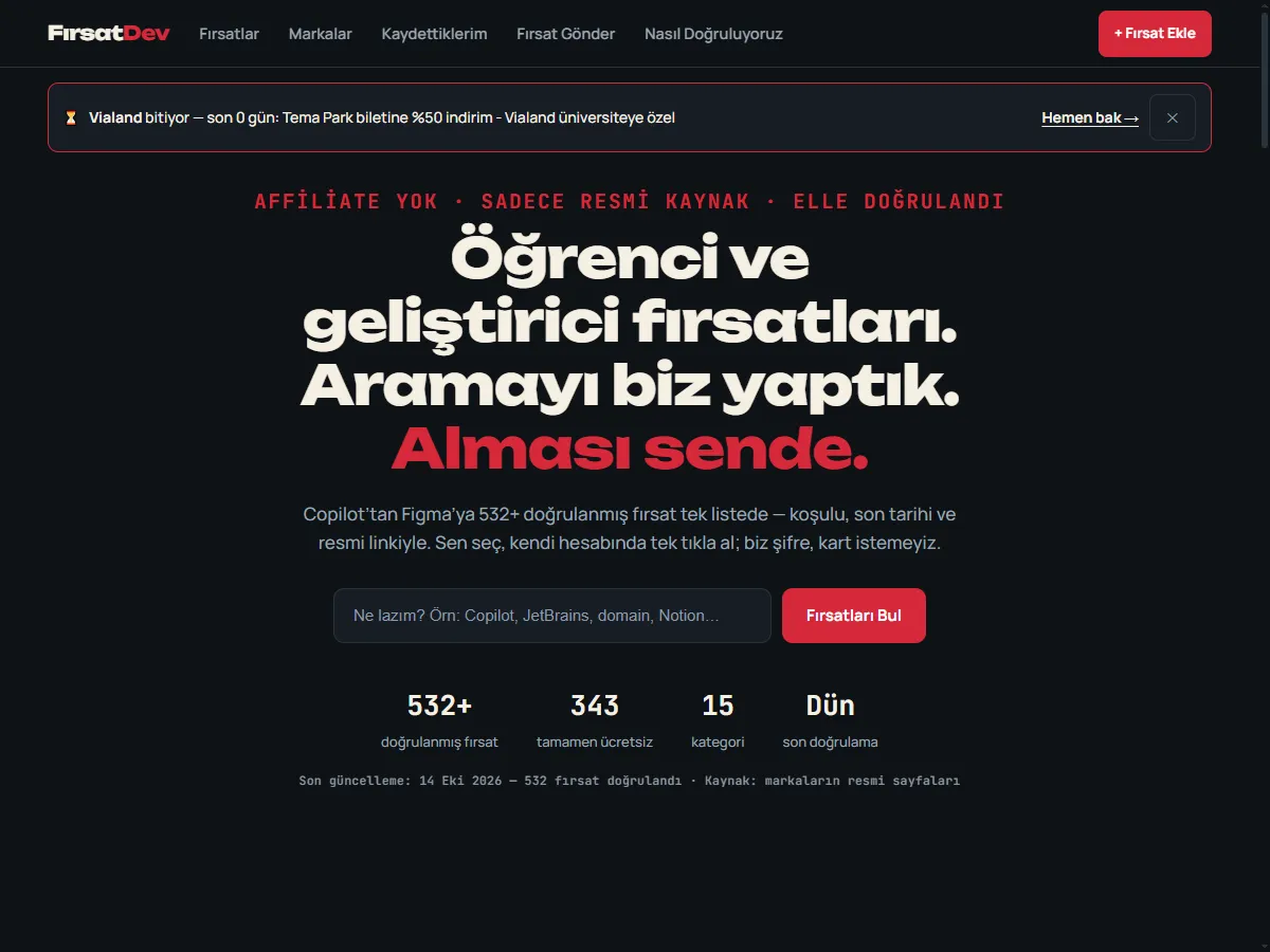FırsatDev öğrenci ve geliştirici fırsatları platformu ana sayfa tasarımı