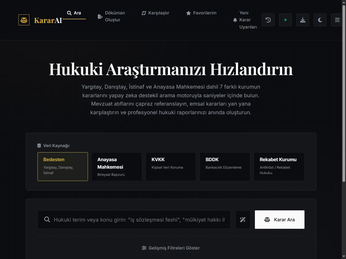 KararAI emsal karar arama platformu ana sayfa tasarımı