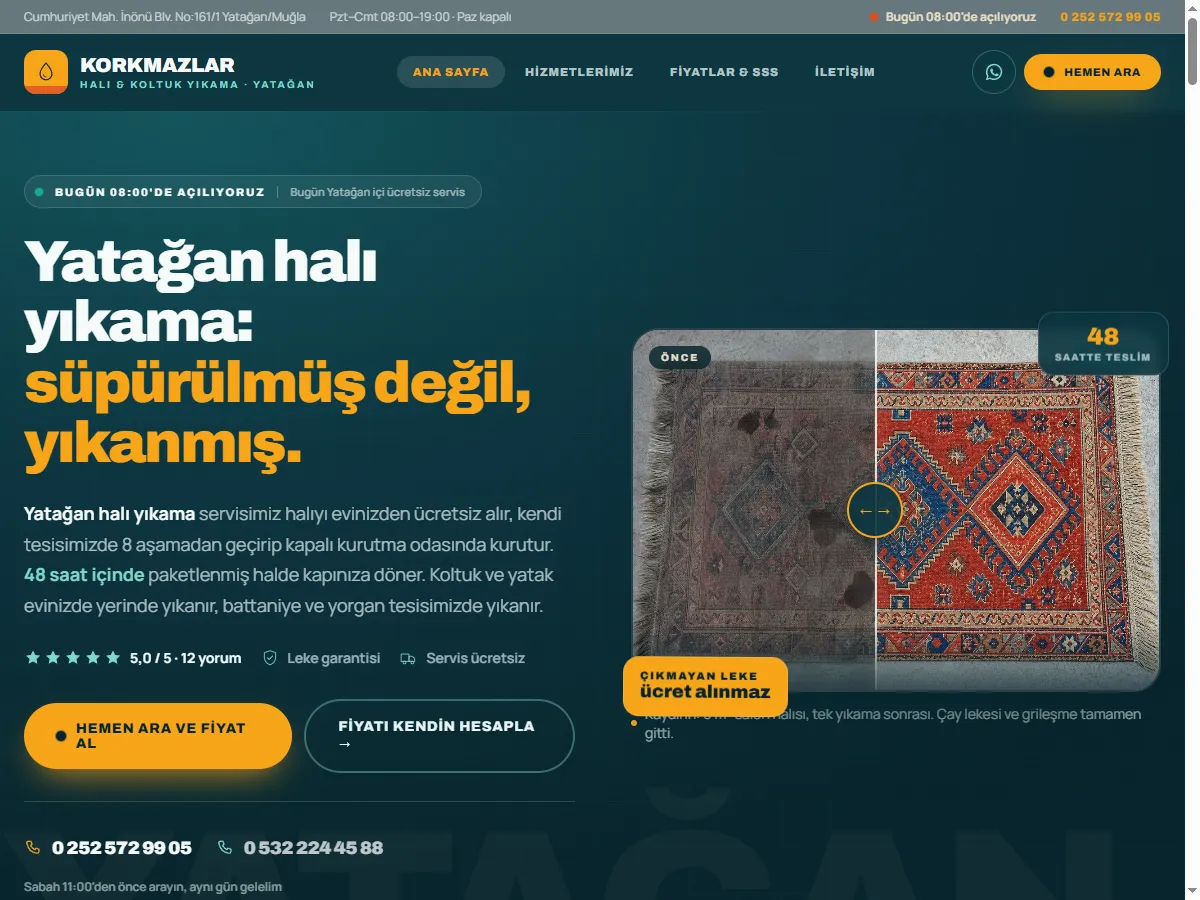 Korkmazlar Halı Yıkama için Yatağan yerel hizmet web sitesi ana sayfası