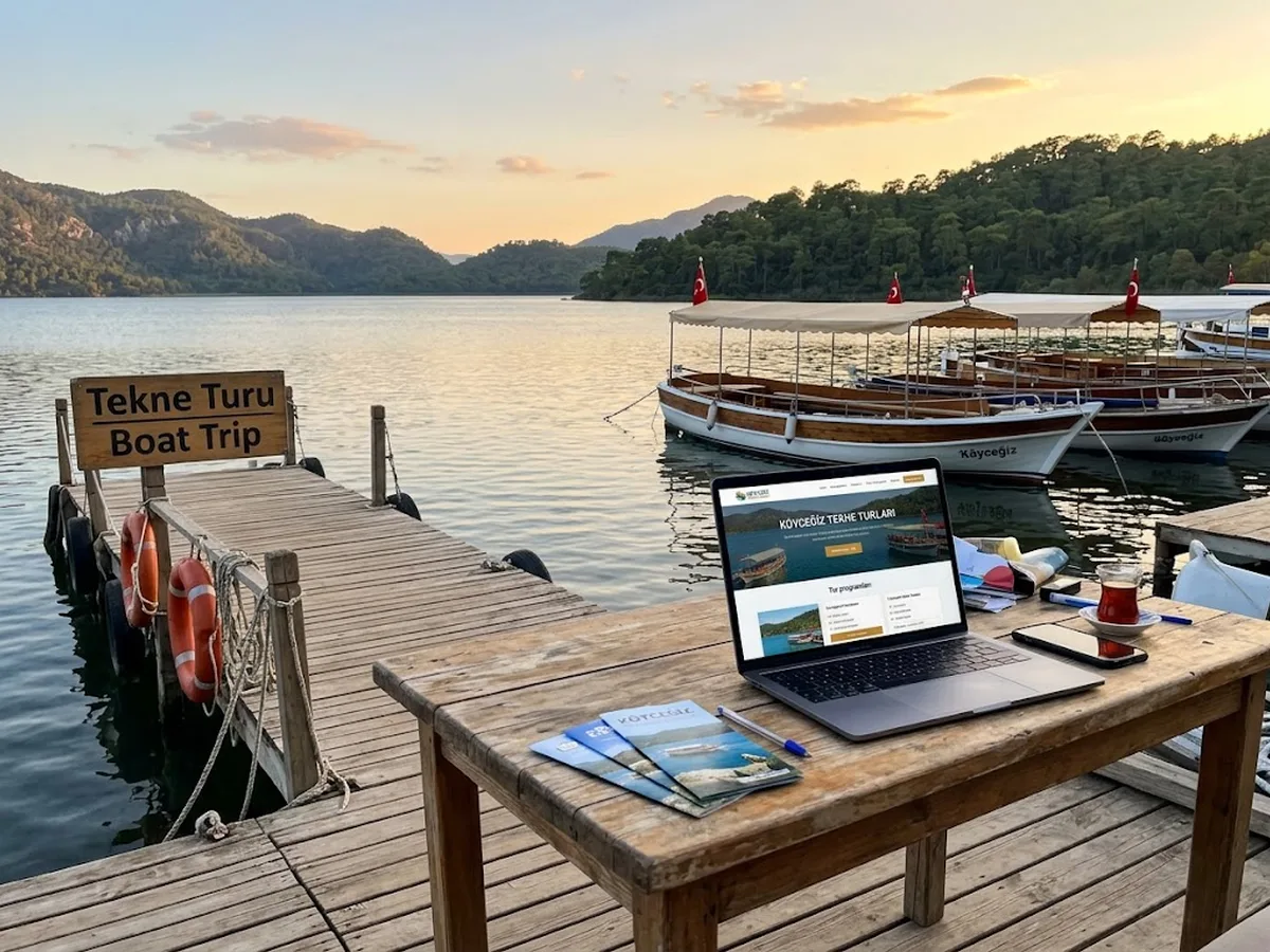 Köyceğiz Gölü kıyısındaki ahşap iskelede bir tekne turu işletmesinin dizüstü bilgisayarında işletme web sitesi; arkada göl ve bağlı tur tekneleri
