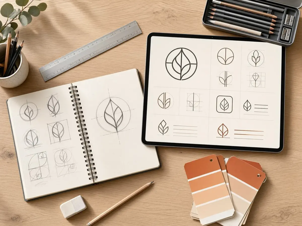 Logo tasarımı çalışma masasında tablet üzerinde logo tasarım varyasyonları, defter, cetvel ve renk kartları