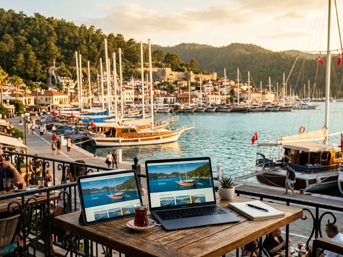 Marmaris limanı kenarındaki kafe terasında dizüstü bilgisayar ve tablette seyahat işletmesi web sitesi tasarımı gösteren masa