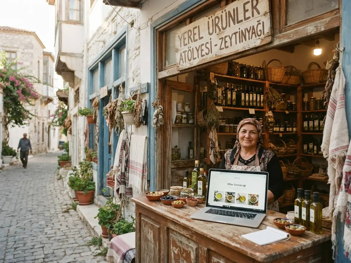 Milas sokaklarında bir yerel işletme tezgahında dizüstü bilgisayarda işletme web sitesi, arkada raflarda yerel ürünler
