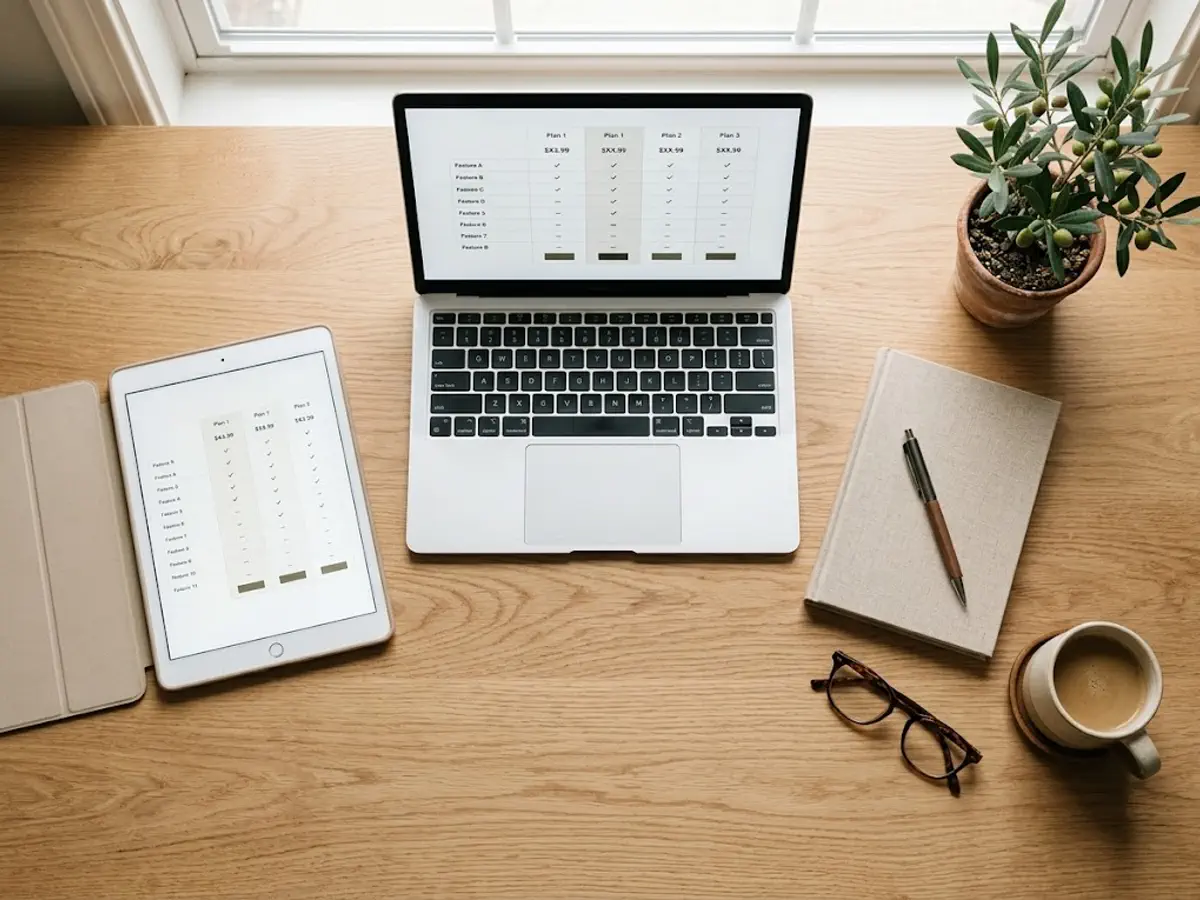 Dizüstü bilgisayar ve tablette web sitesi fiyat karşılaştırma tablosu, defter, kalem ve kahve ile hazırlanmış masa düzeni