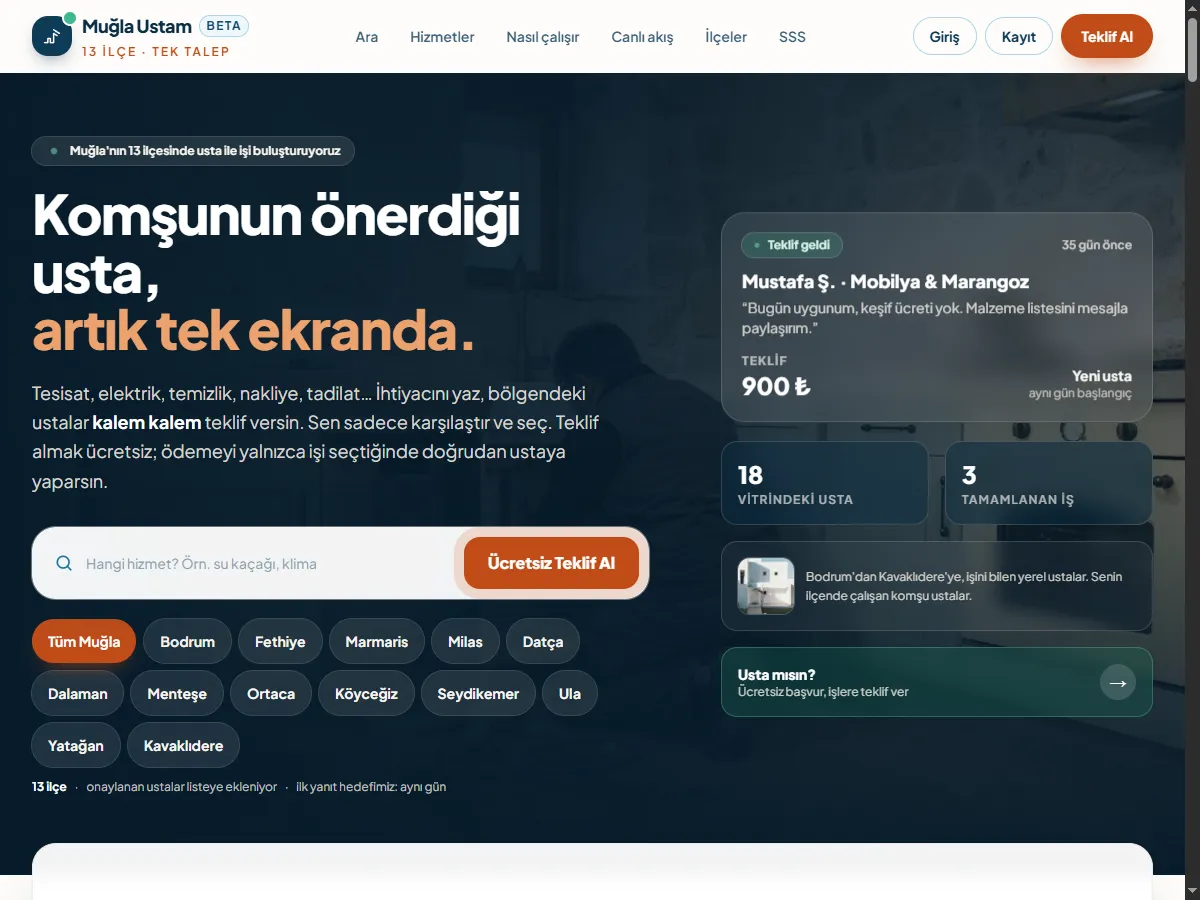 Muğla Ustam usta hizmet ağı web platformu ana ekranı