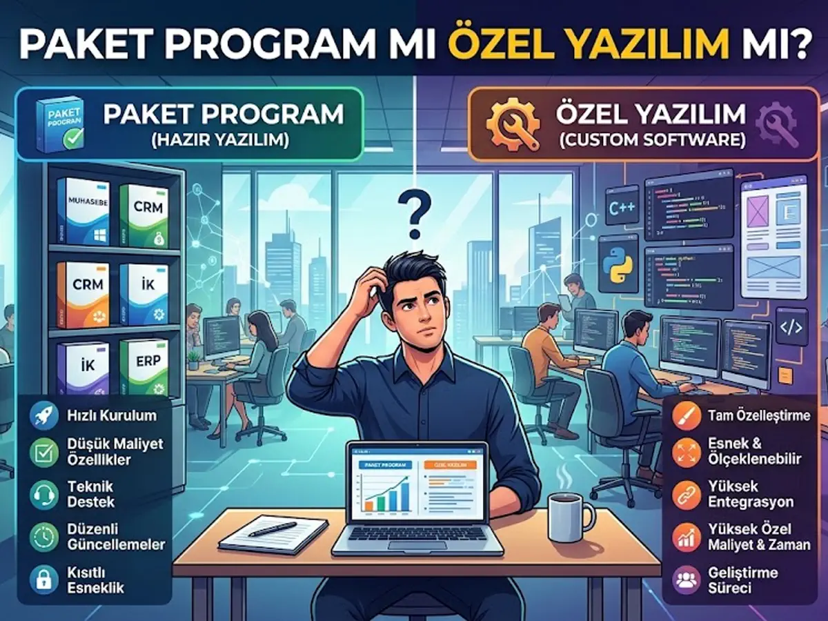 Masanın bir tarafında hazır yazılım arayüzü gösteren dizüstü bilgisayar, diğer tarafında özel geliştirilmiş gösterge paneli gösteren tablet