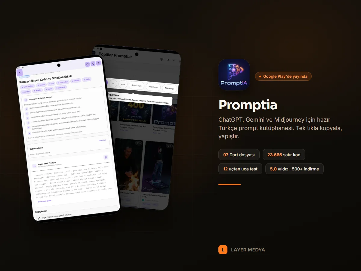 Promptia uygulamasında prompt detay ekranı ve kategorilere göre keşfetme ekranı