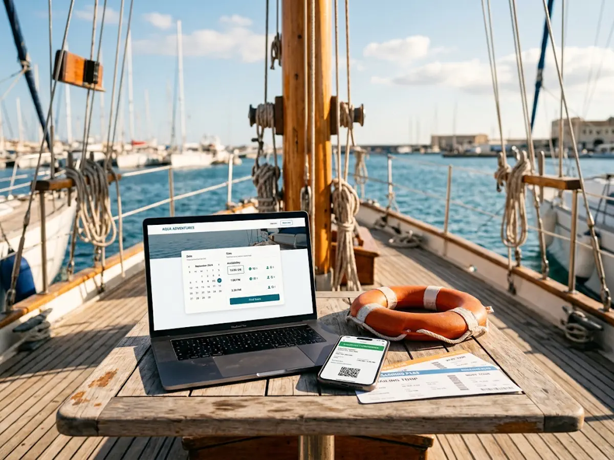 Güneşli bir tekne güvertesinde online randevu ve rezervasyon akışını gösteren dizüstü bilgisayar, telefon ve kalkış kartı