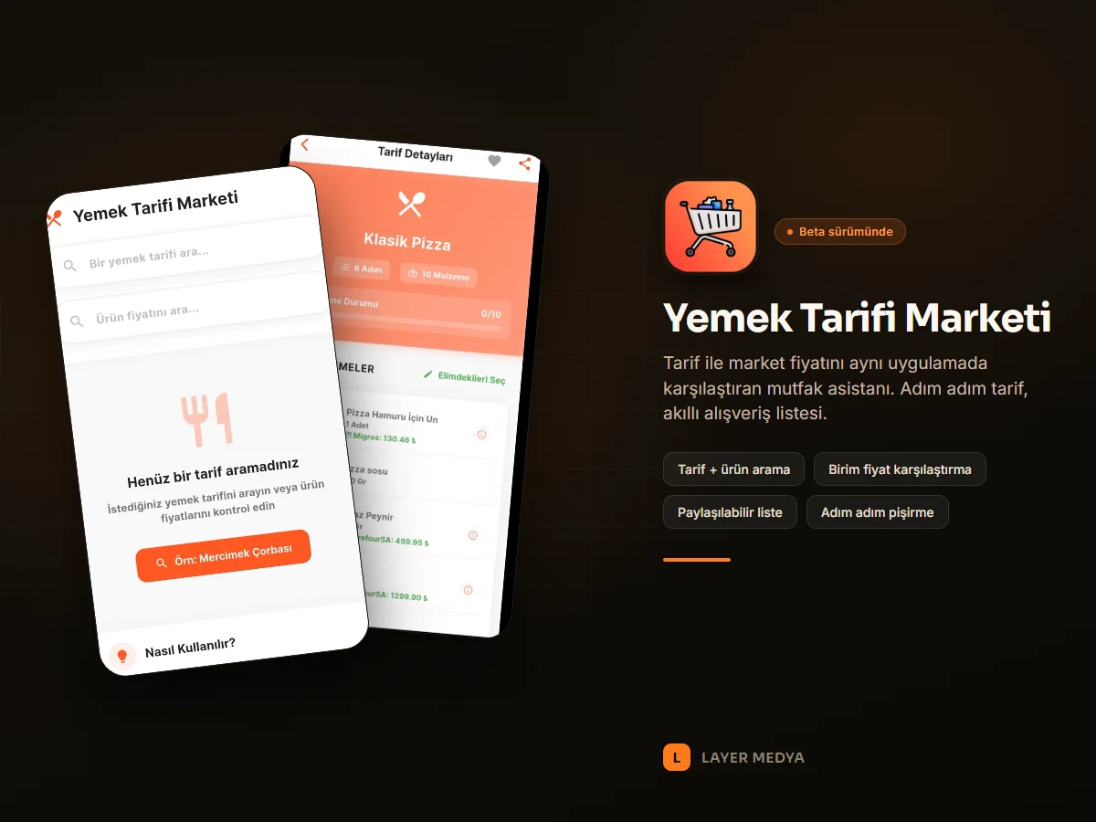 Yemek Tarifi Marketi uygulamasında tarif arama ekranı ve market fiyatı karşılaştırmalı malzeme listesi